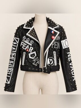 By The Nana XL Studded Punk Moto Jacket Leopard Print Cropped